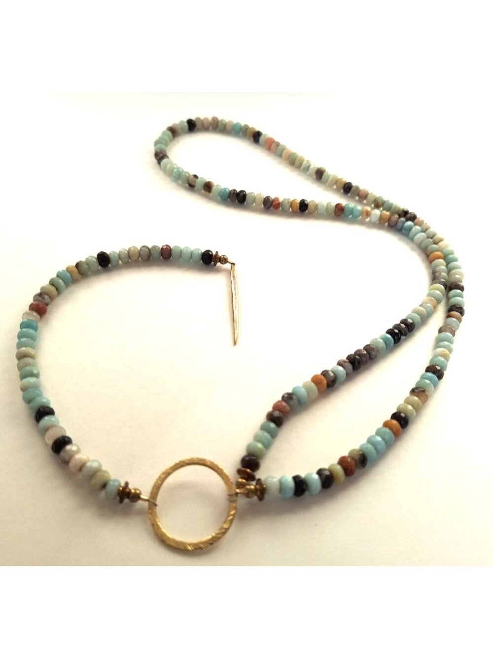 Vintage Artisan Amazonite Faceted Rondelle Bead Lariat Necklace Textured Ring